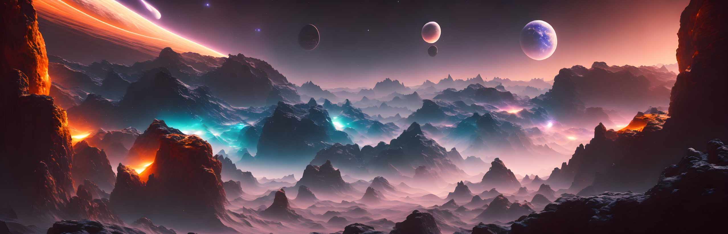 Panoramic alien landscape with rugged mountains and celestial bodies