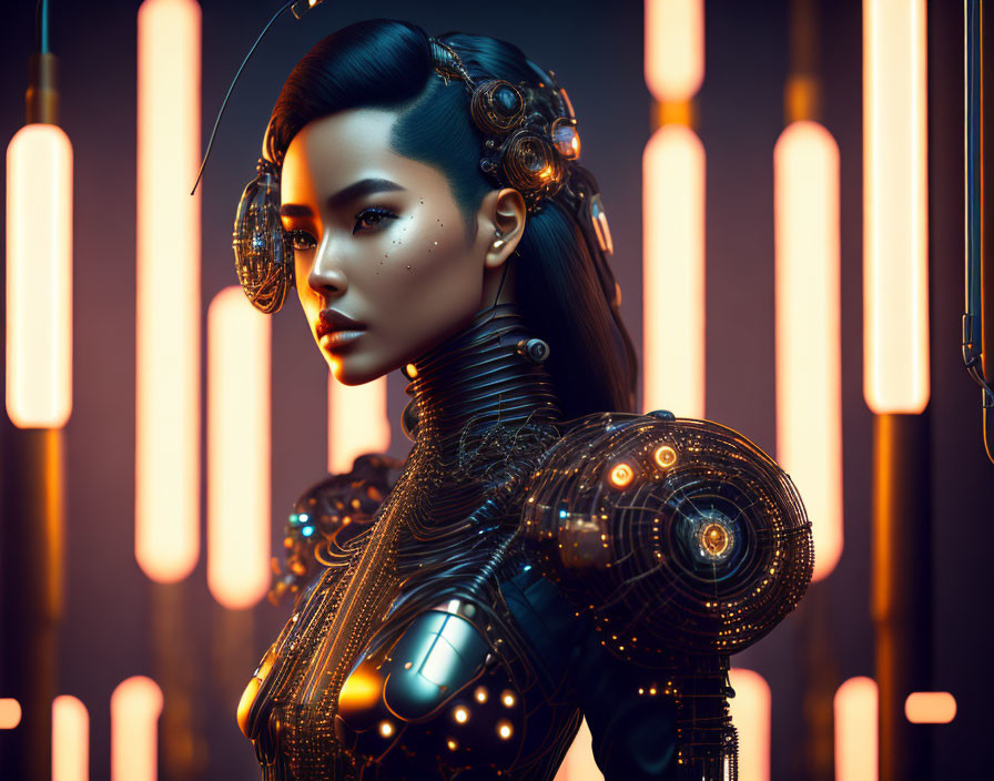 Detailed Futuristic Female Android with Glowing Mechanical Parts