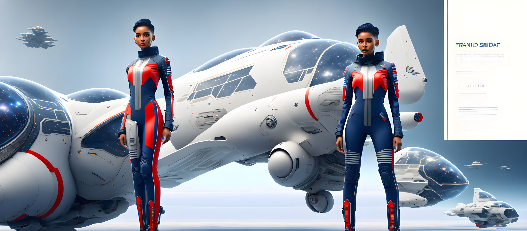 Female pilot in blue and red spacesuit next to futuristic spaceplane