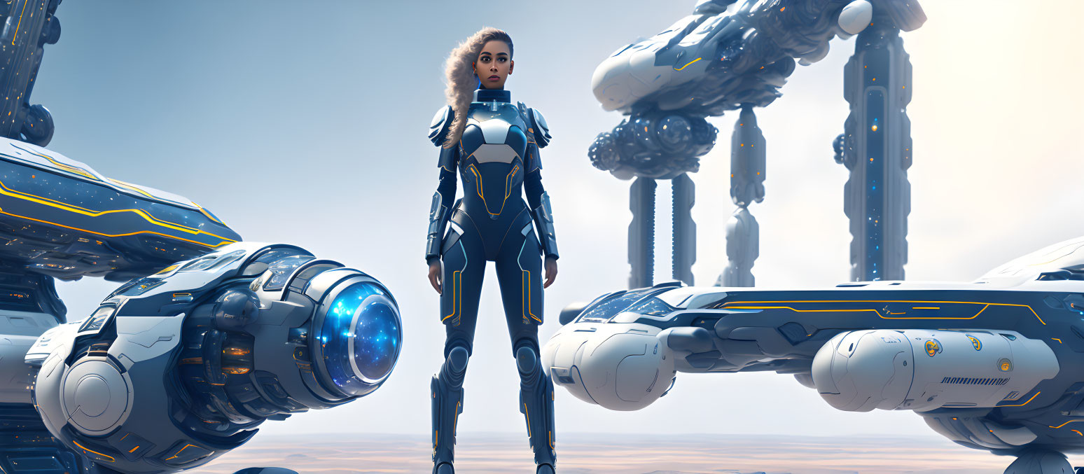 Female warrior in high-tech suit with robotic mechs in desert landscape