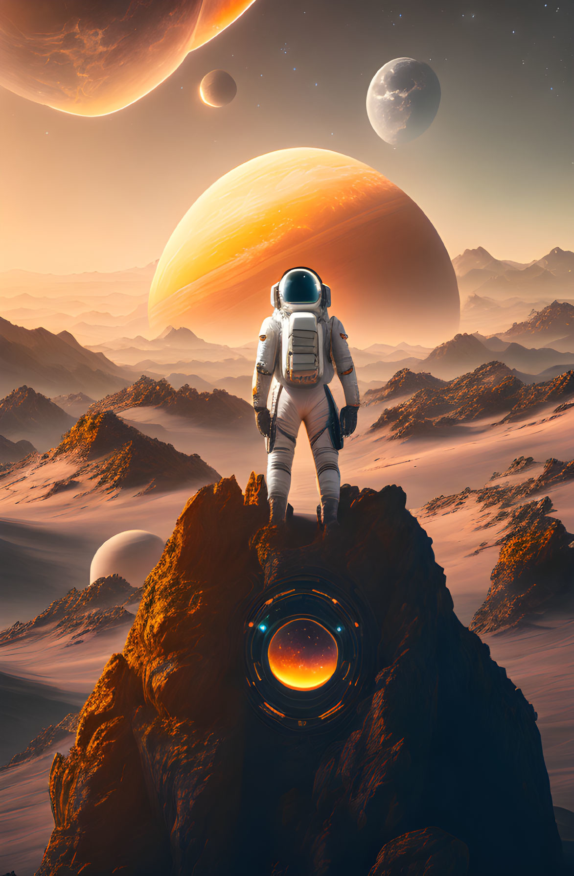 Astronaut admires orange planet and moons in alien landscape