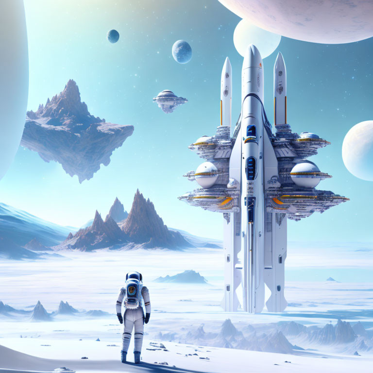 Astronaut on icy alien planet with rocket, moons, mountains.