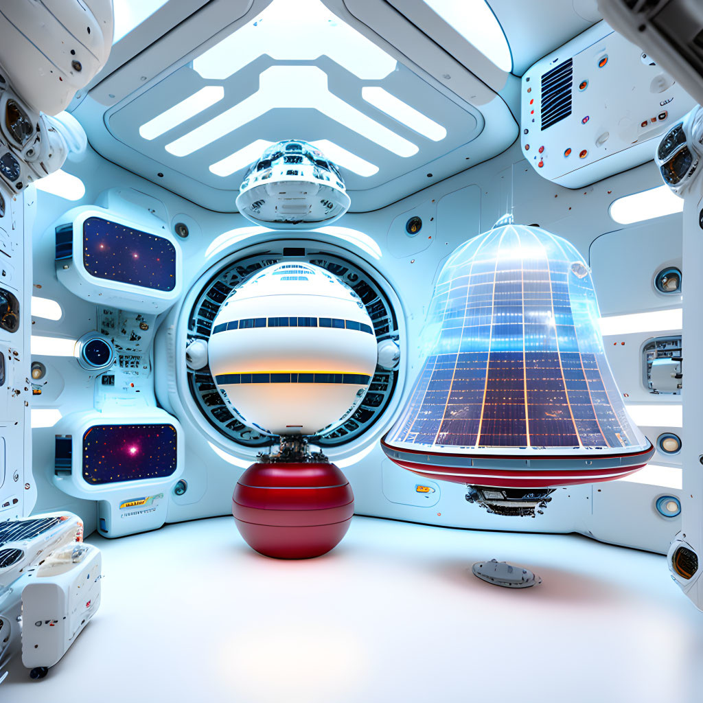 Futuristic spacecraft interior with holographic display and illuminated panels