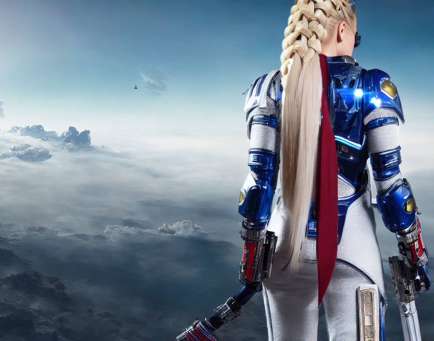 Futuristic armored suit person with long braid under cloudy sky and jet.