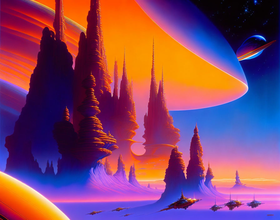 Sci-fi landscape with towering spires, planets, and spacecraft in orange sky