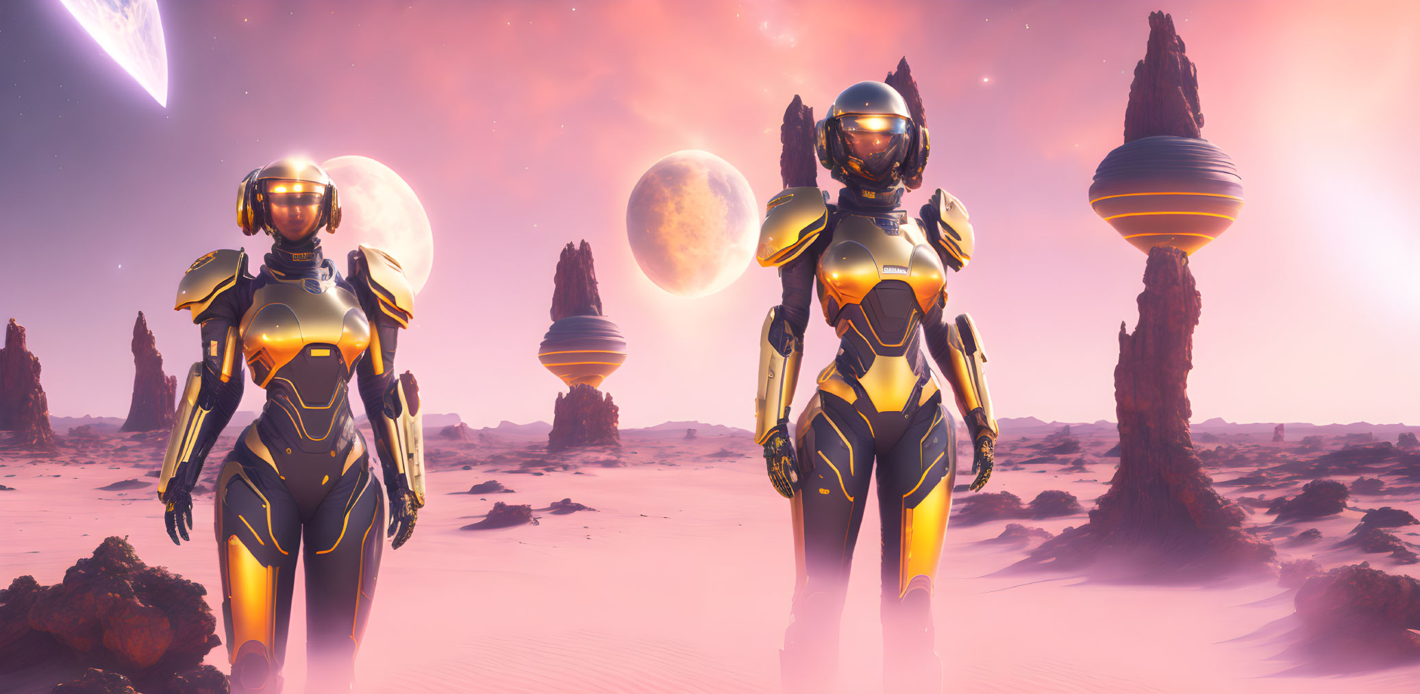 Futuristic astronauts on alien planet with pink skies and moons