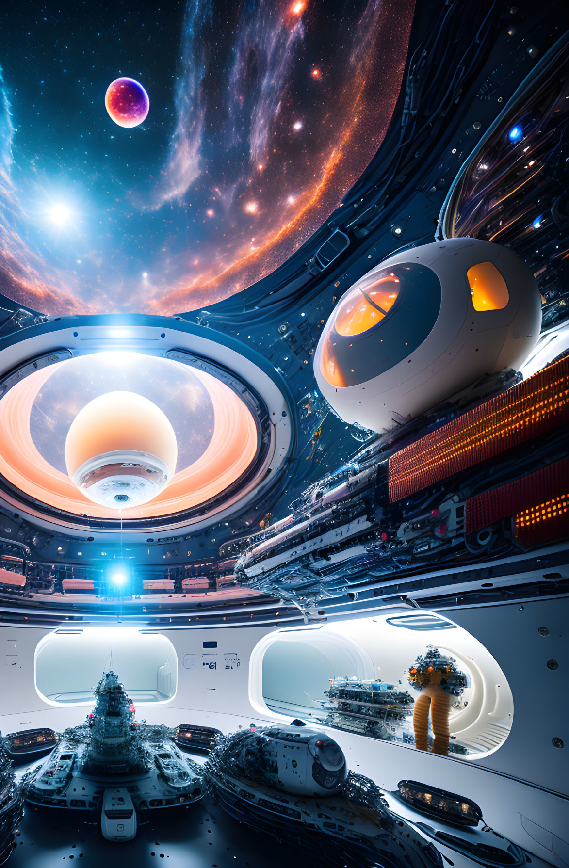 Futuristic spaceship interior with advanced technology and cosmic view