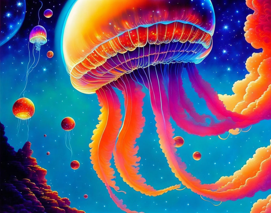 Colorful digital artwork of oversized glowing jellyfish in a cosmic underwater scene