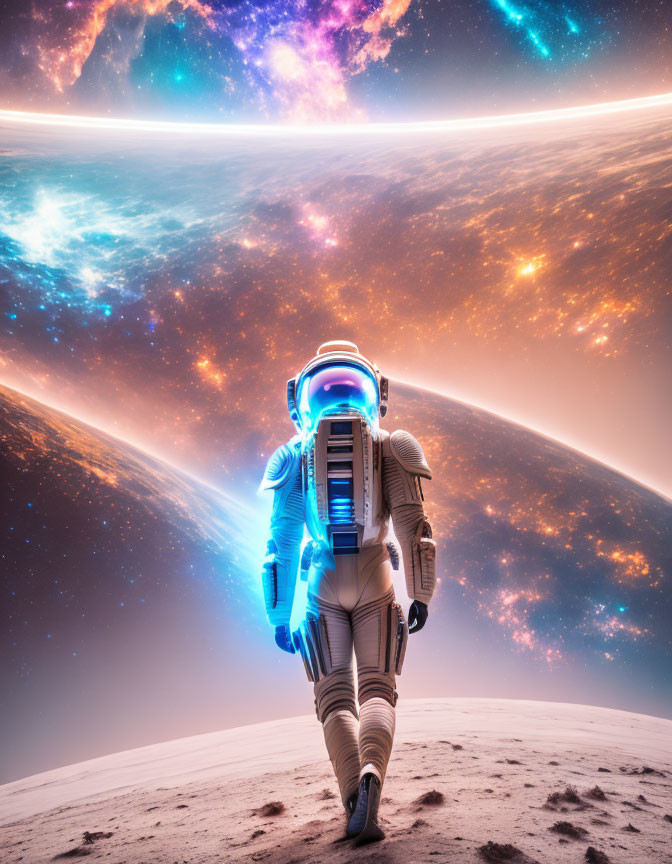 Astronaut on foreign planet with colorful nebula & cosmic lights