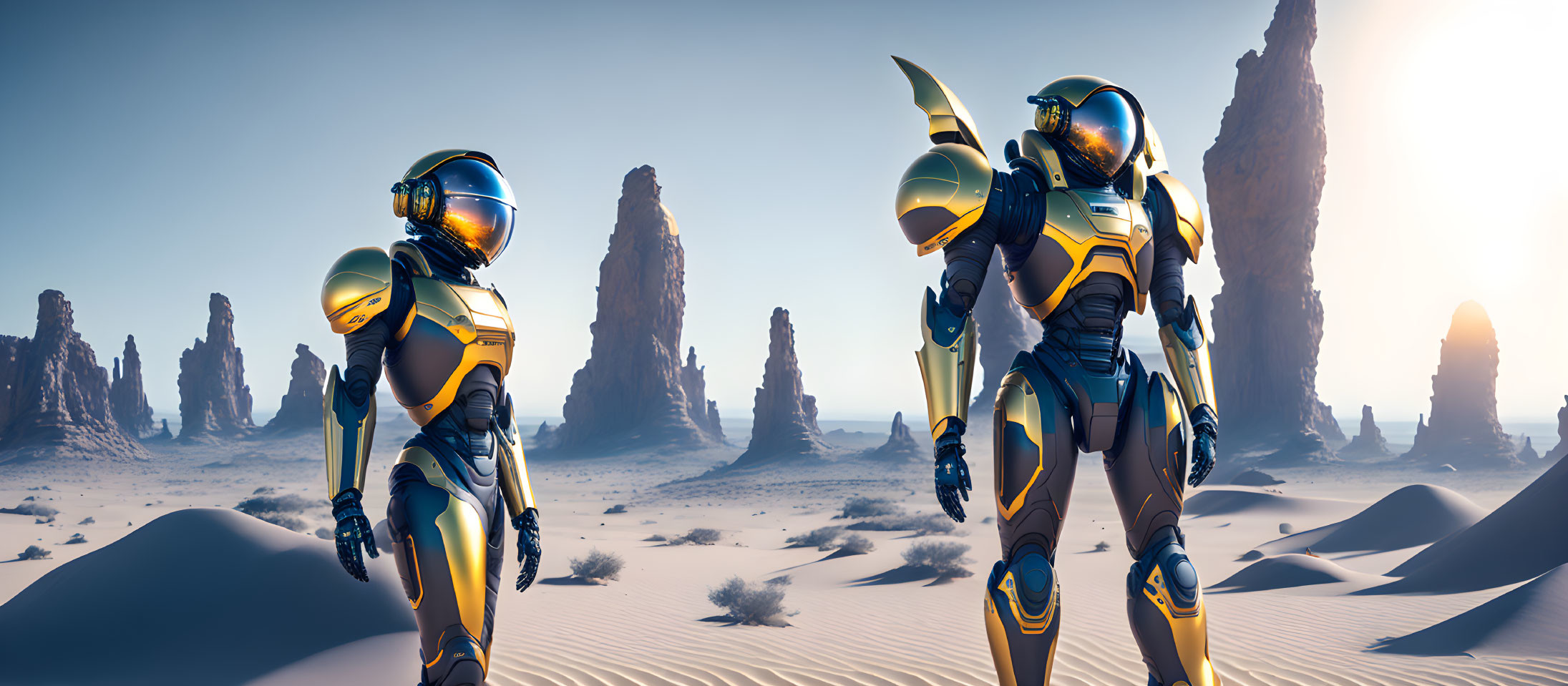 Futuristic astronauts in yellow and blue suits on alien planet