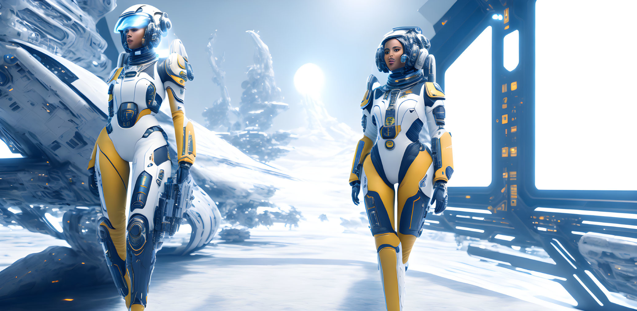 Futuristic astronauts in white and yellow suits on snowy alien landscape