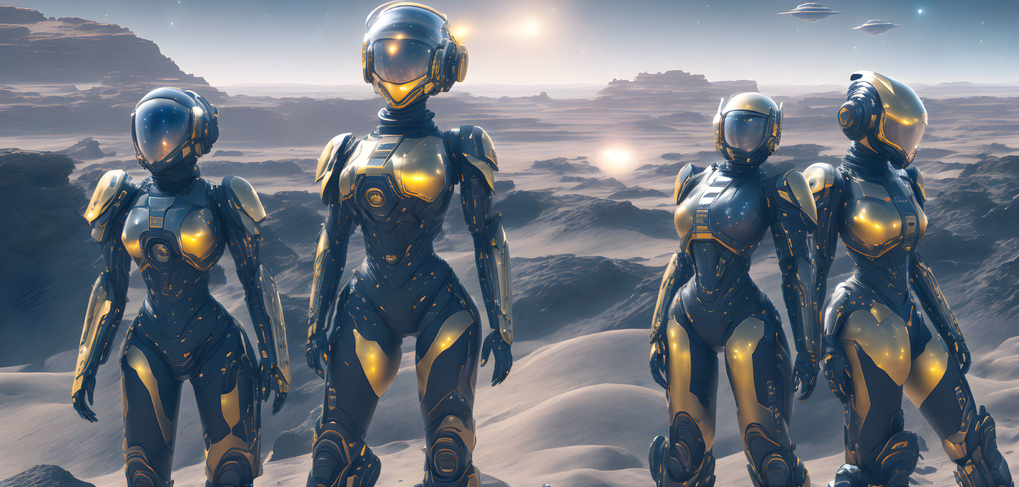 Four humanoid robots in blue and gold on alien landscape at sunset