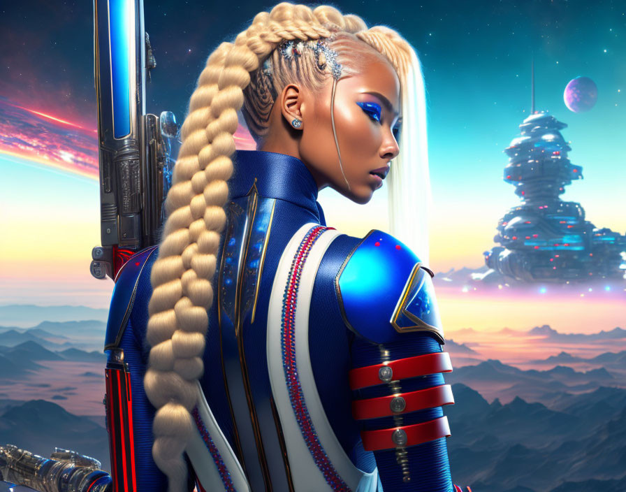 Female warrior in blue armor with braided hair in futuristic sci-fi landscape