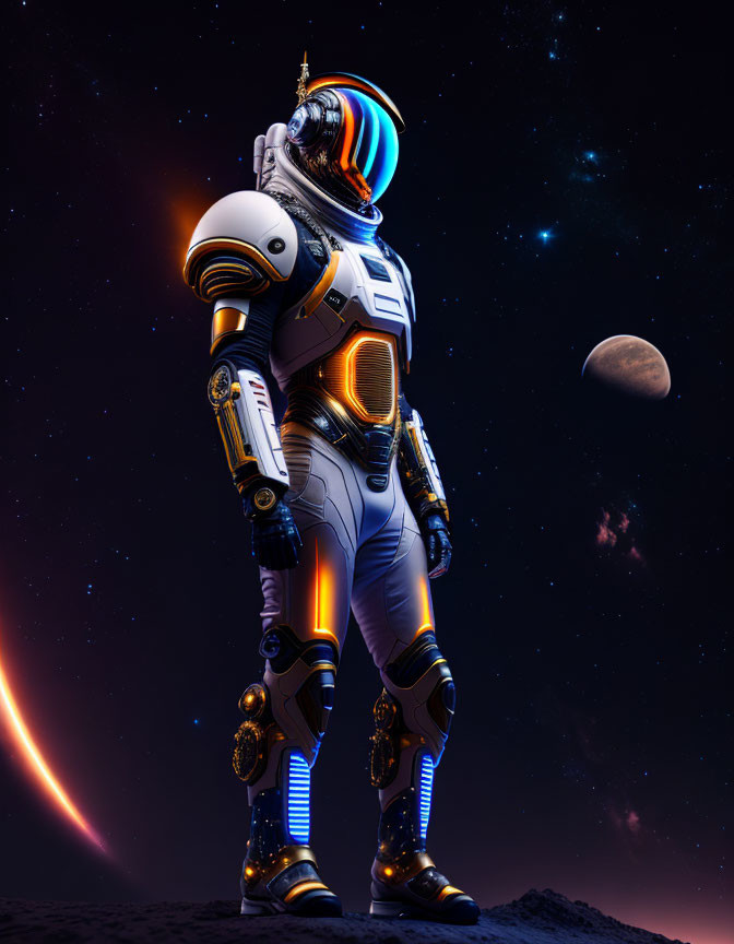 Futuristic astronaut in blue neon suit on rocky terrain with crescent planet