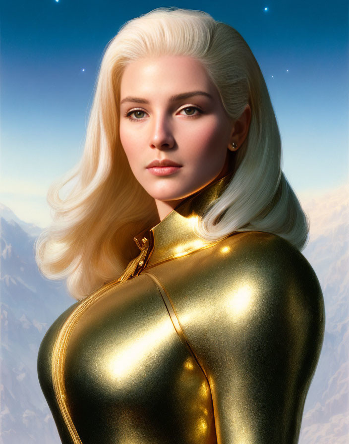 Blonde woman in golden suit with mountain background