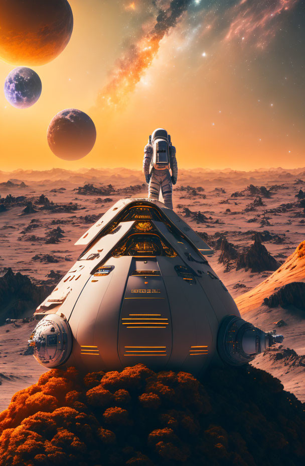 Astronaut on alien planet with spacecraft and moons in orange sky