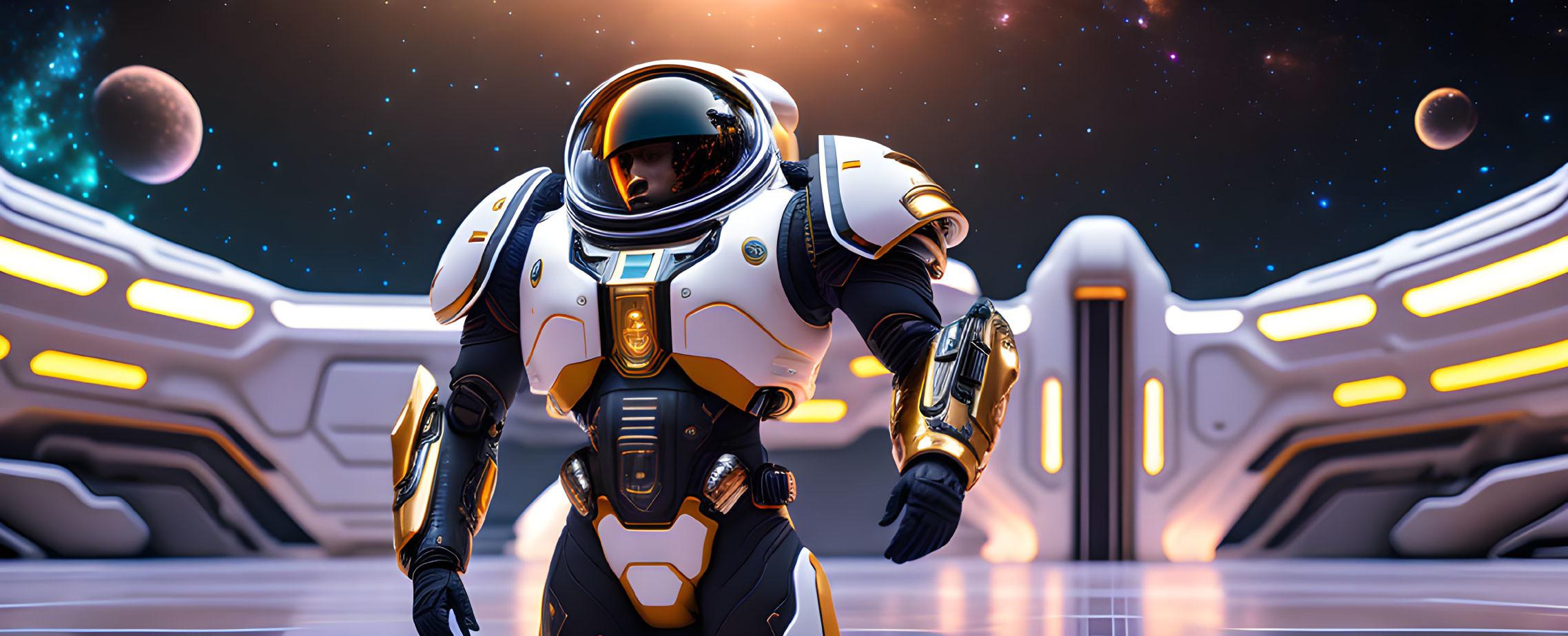 Futuristic astronaut in white and black suit on spaceship with planets and stars.