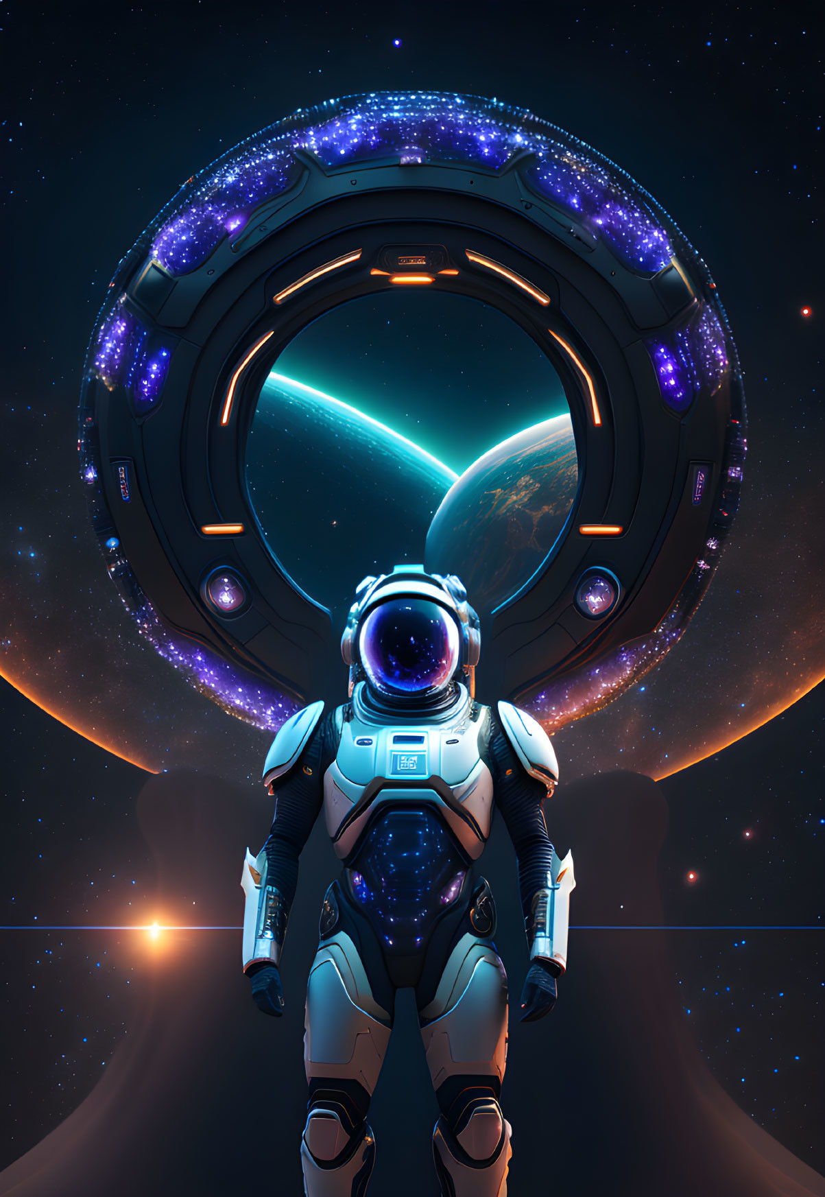 Astronaut in front of futuristic circular portal with Earth view