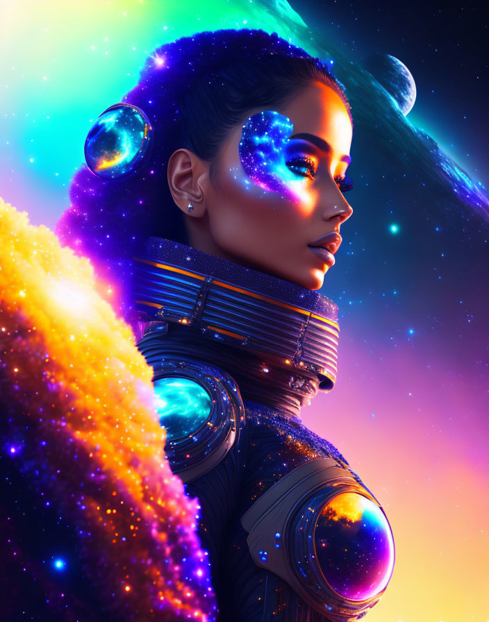 Digital artwork: Woman in cosmic-themed spacesuit against starry backdrop