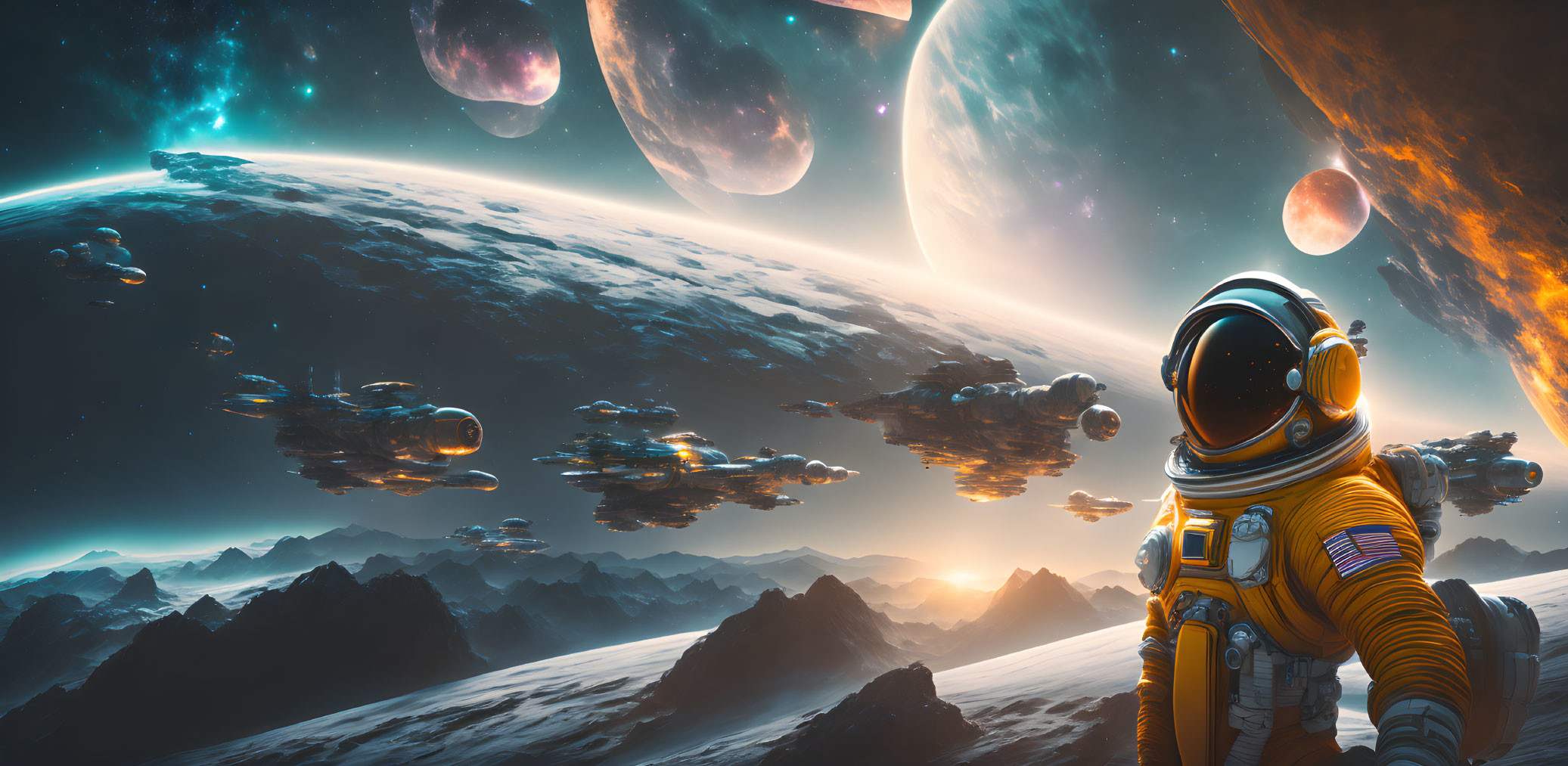 Astronaut on rocky alien planet gazes at fleet of ships under starry sky