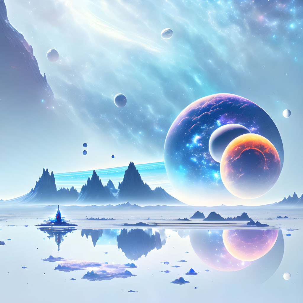 Surreal landscape with multiple planets, icy mountains, calm water, starlit sky, spaceship