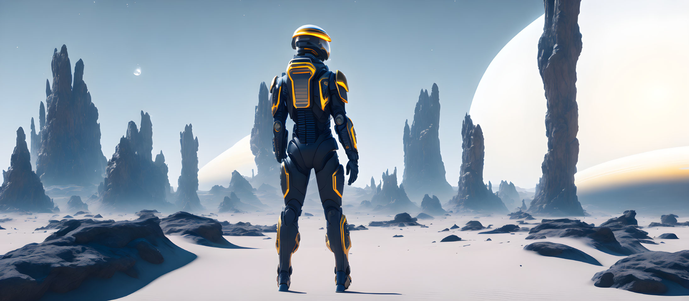 Astronaut in black and yellow suit on barren alien landscape with spires and celestial bodies