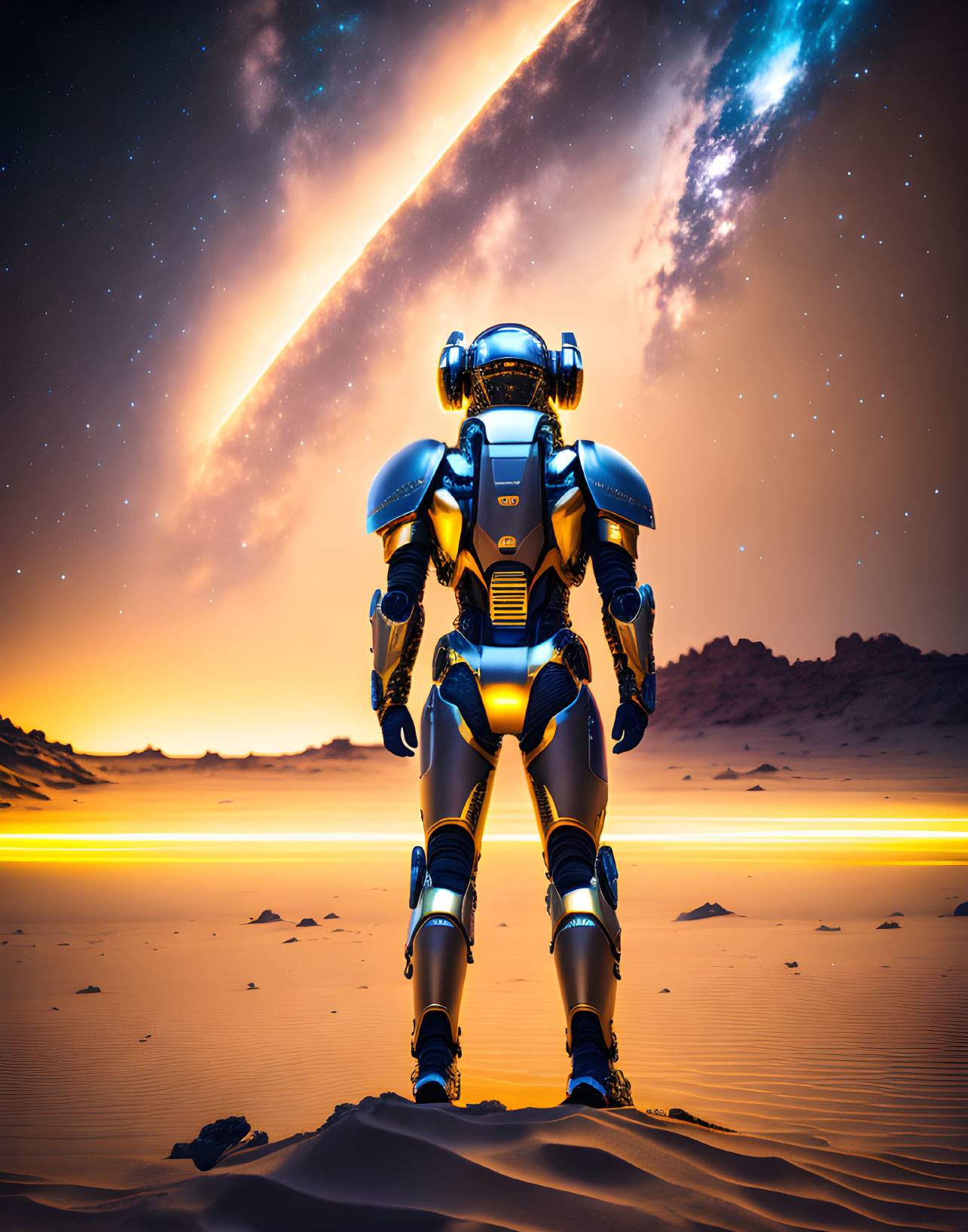 Futuristic robot in desert under starry night sky with cosmic event