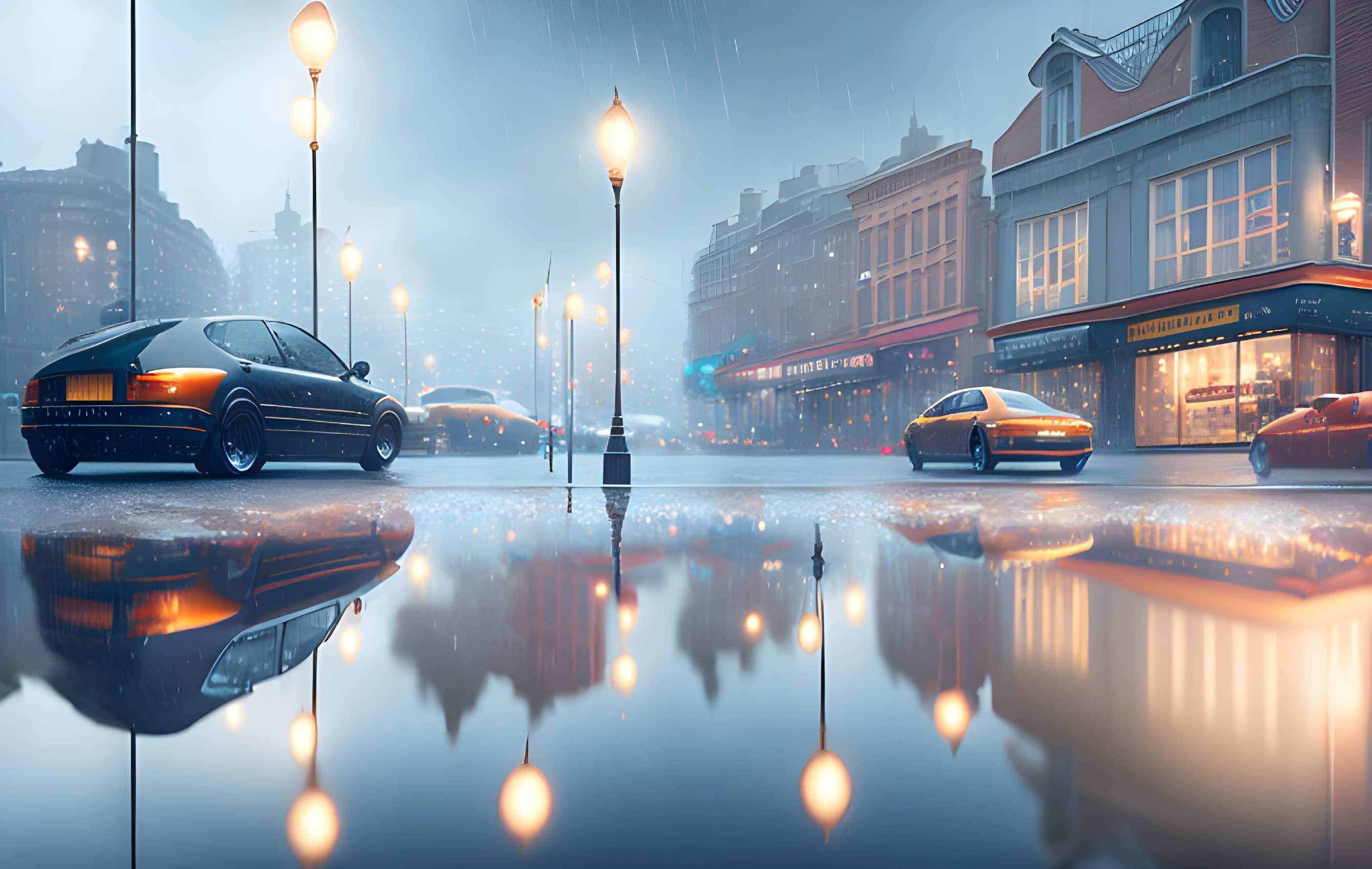 City street at dusk with rain-soaked pavement, gleaming cars, vintage streetlamps, and