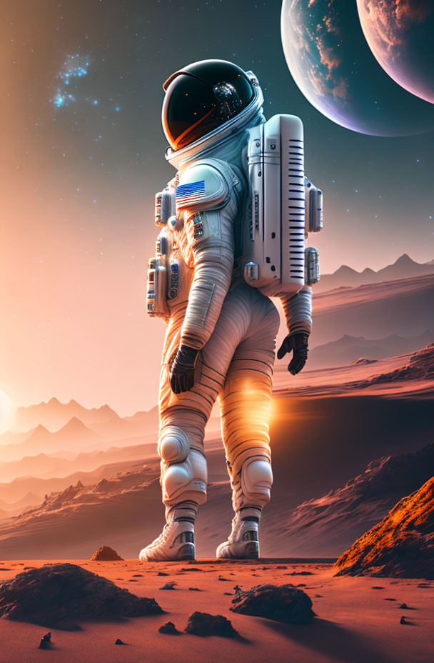 Astronaut on alien desert with rising planets under pink sky