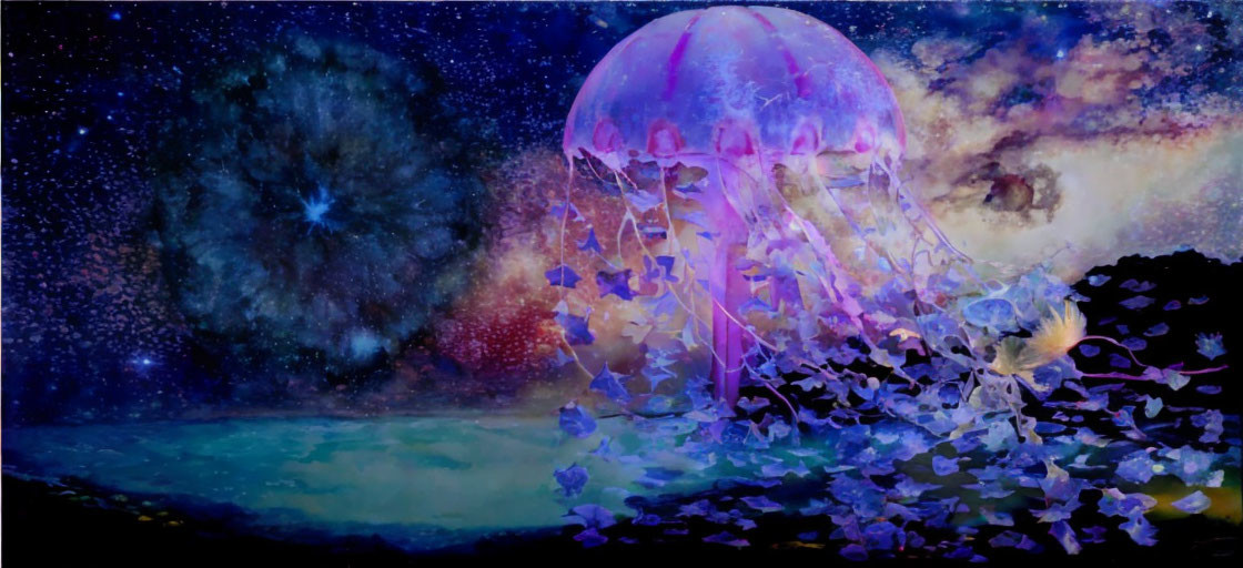 Colorful Painting of Pink Jellyfish in Cosmic Landscape