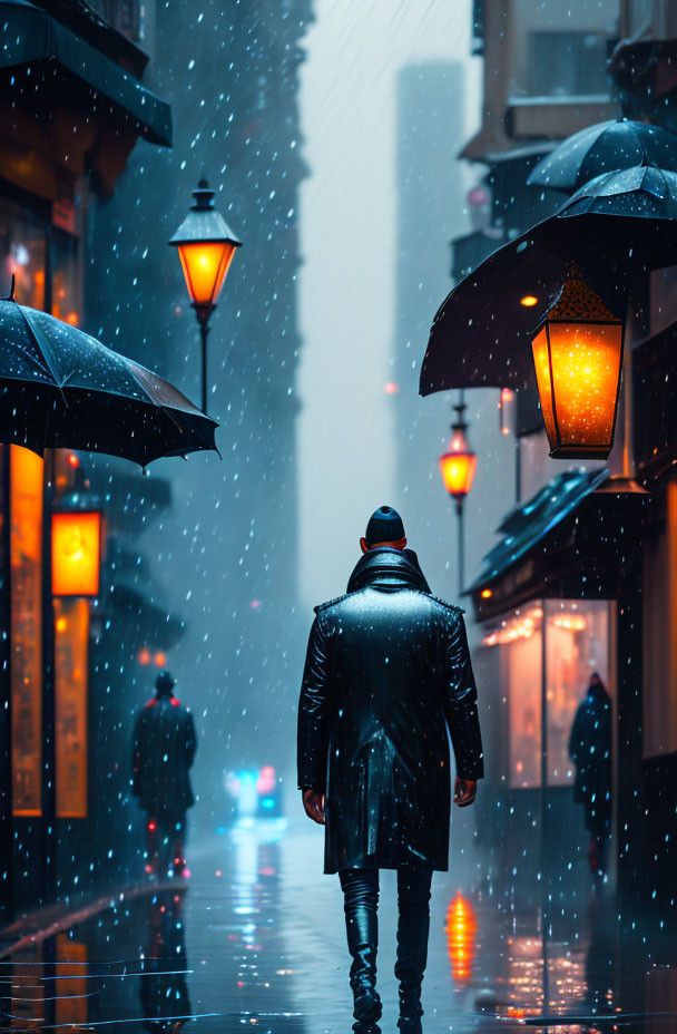 Person in Black Coat Walking Under Umbrella on Rainy City Street