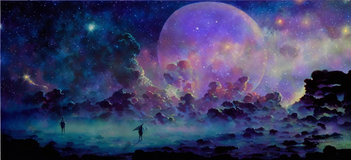 Fantastical cosmic painting with silhouetted figures and umbrellas under starry sky