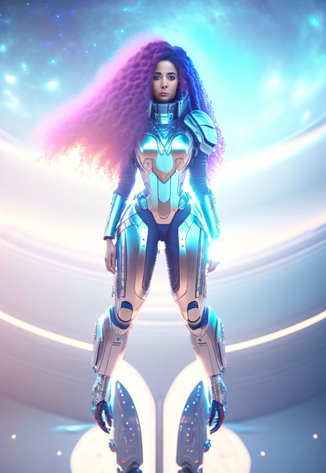 Futuristic female character with pink hair in blue and white armor suit