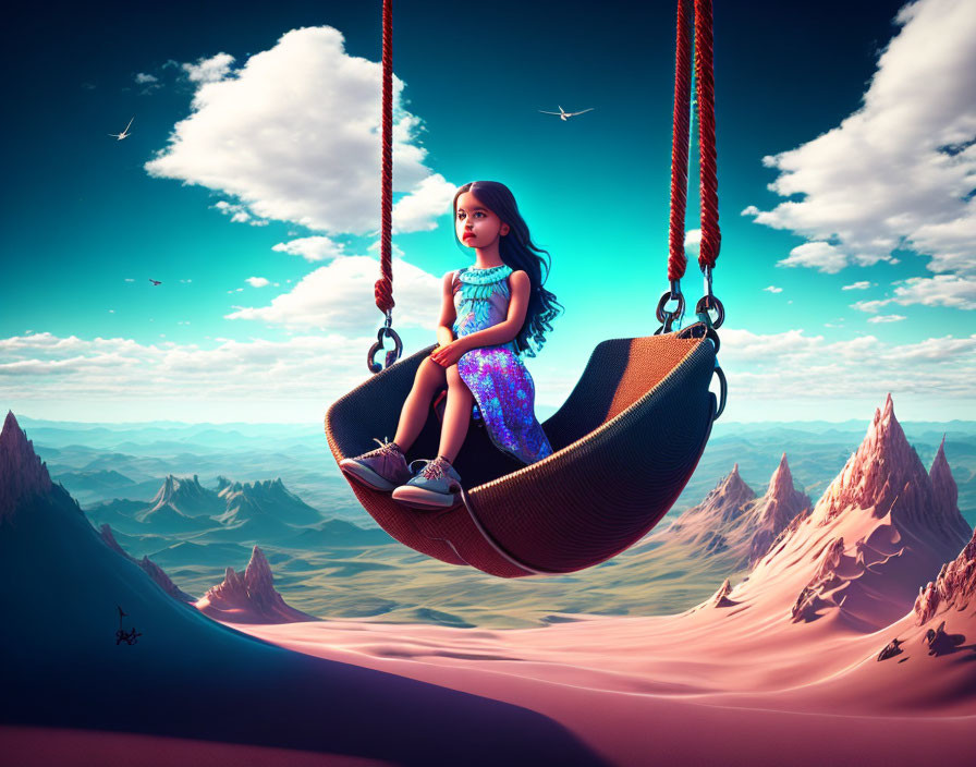 Young girl on giant swing over purple peaks in serene landscape