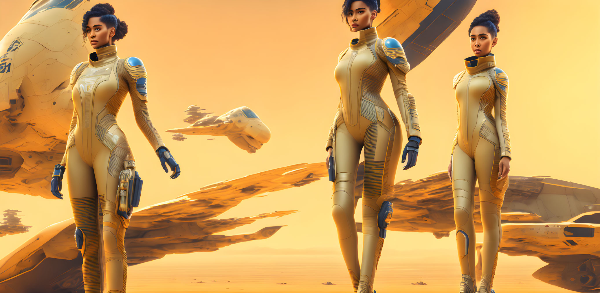 Three Women in Futuristic Suits with Advanced Spacecraft in Desert