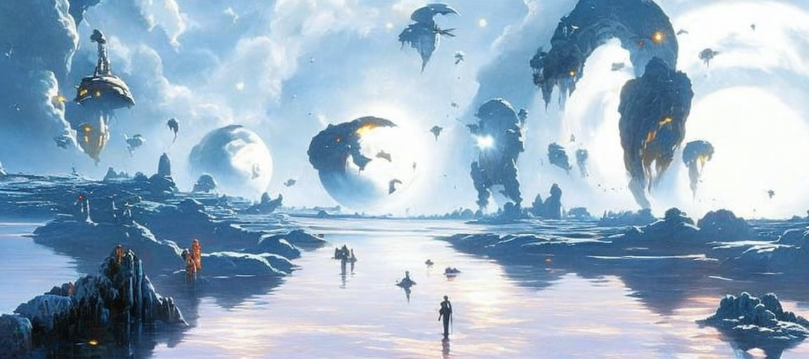 Futuristic sci-fi landscape with floating islands and figures on reflective surface