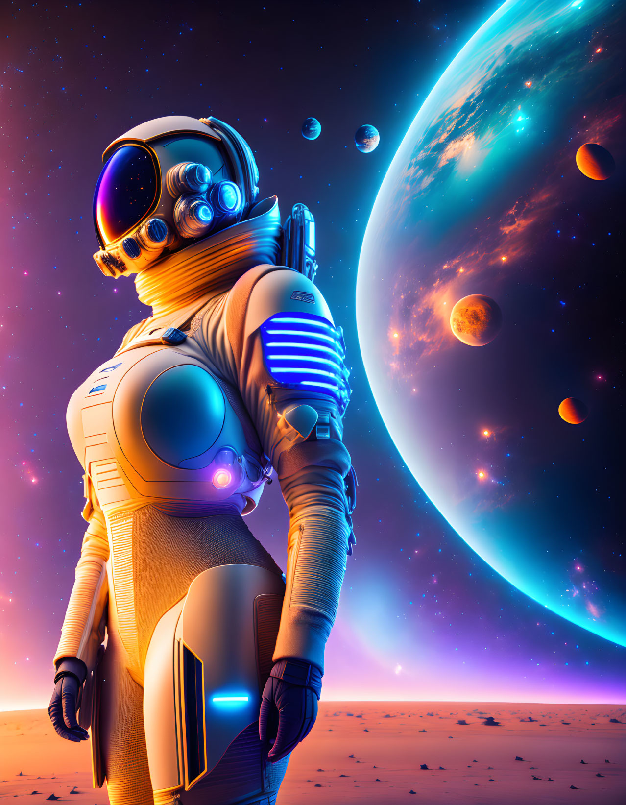 Astronaut on barren alien landscape with vibrant cosmic scene