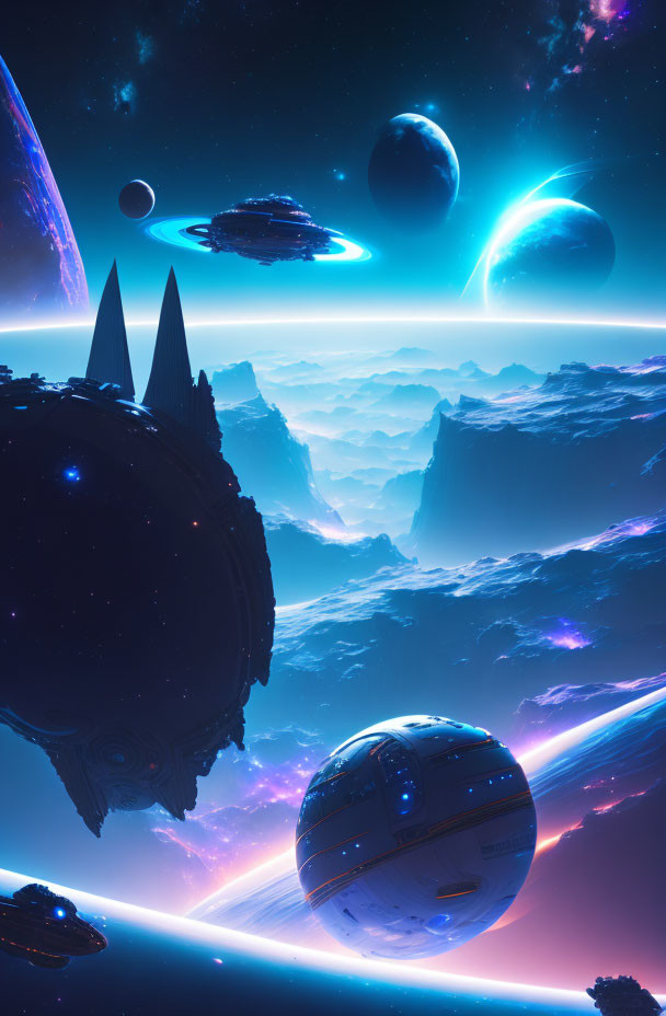 Vivid Sci-Fi Landscape with Floating Planets and Bright Nebulas