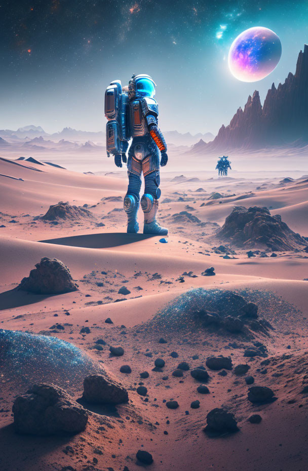 Astronaut on alien planet with dunes, rocks, moon, and robotic structure at twilight