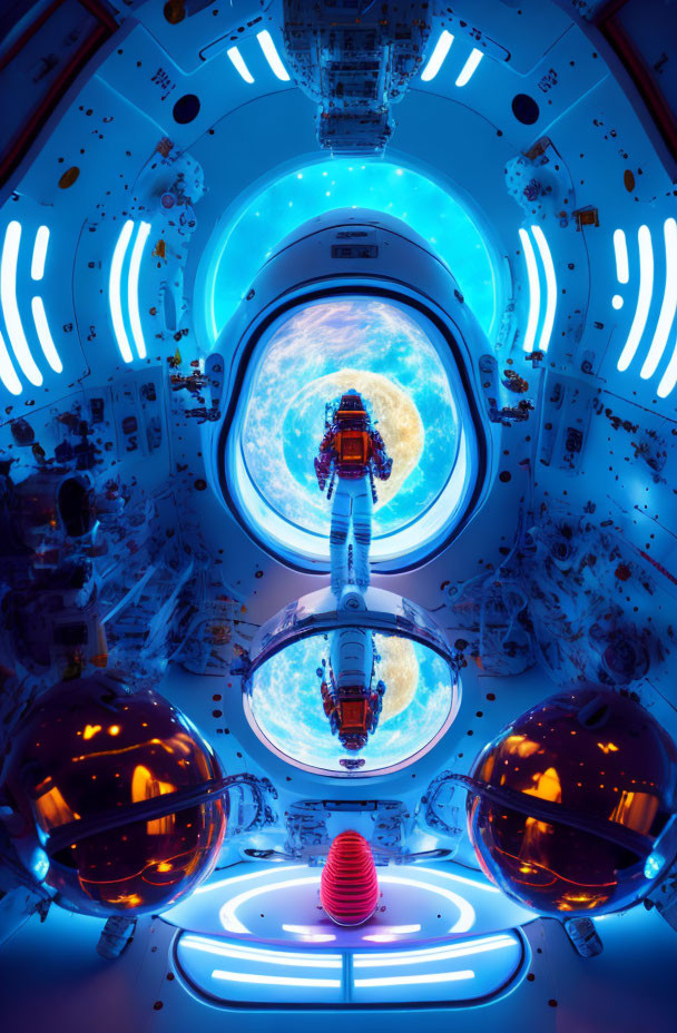 Futuristic spacecraft interior with circular window view of Earth and blue lights