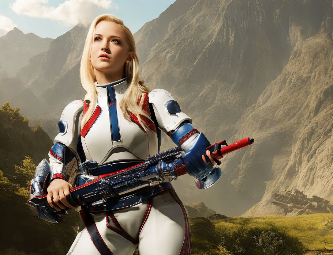 Futuristic woman in white and blue suit with advanced rifle against mountain backdrop