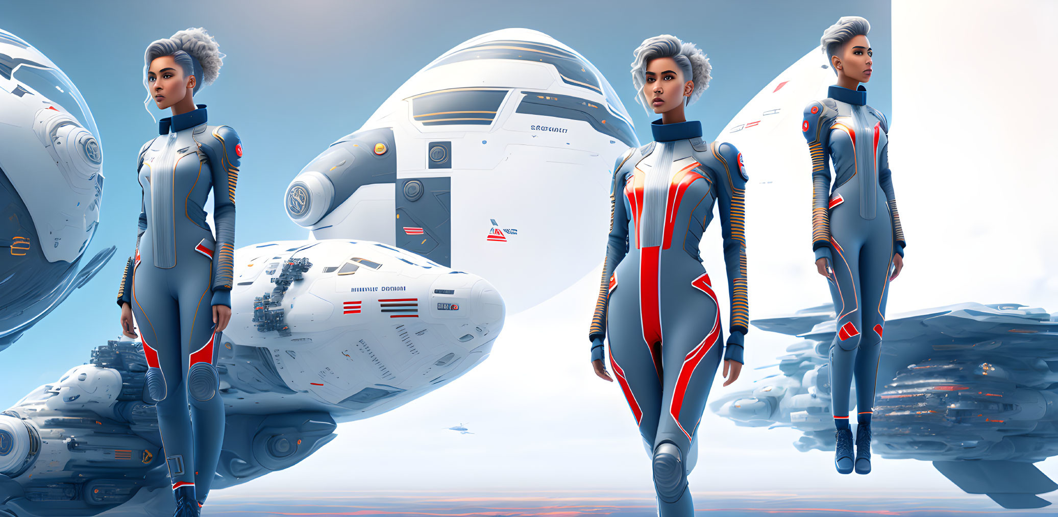 Female astronaut in three poses with futuristic spacecraft and bright sky