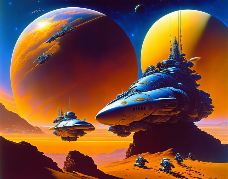 Futuristic sci-fi scene with spaceships, exotic planets, and cityscape at sunset