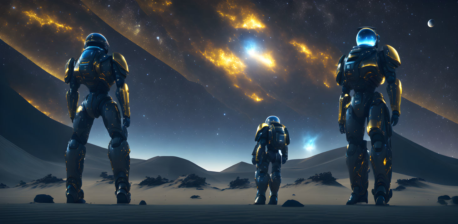 Three astronauts in futuristic suits explore a desert-like alien landscape at night.