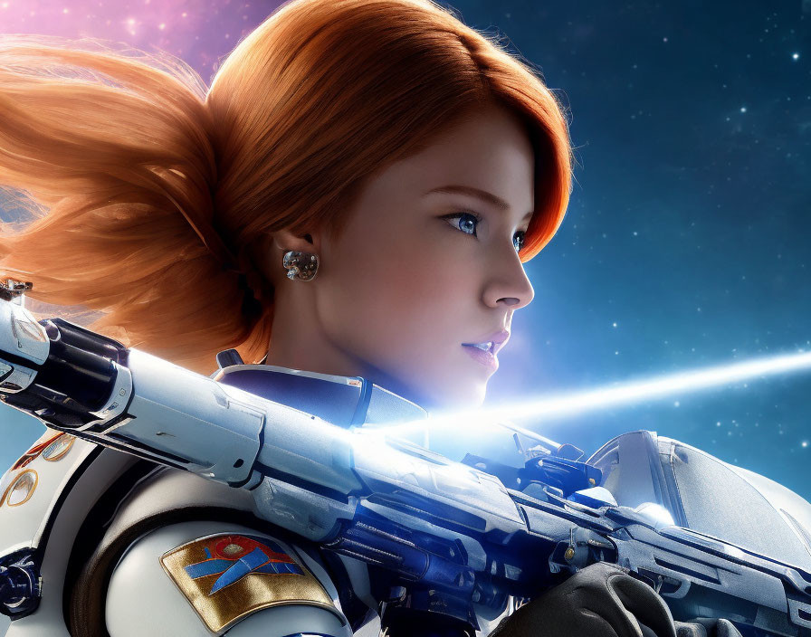 Digital illustration of woman with red hair in space suit with futuristic weapon against starry backdrop