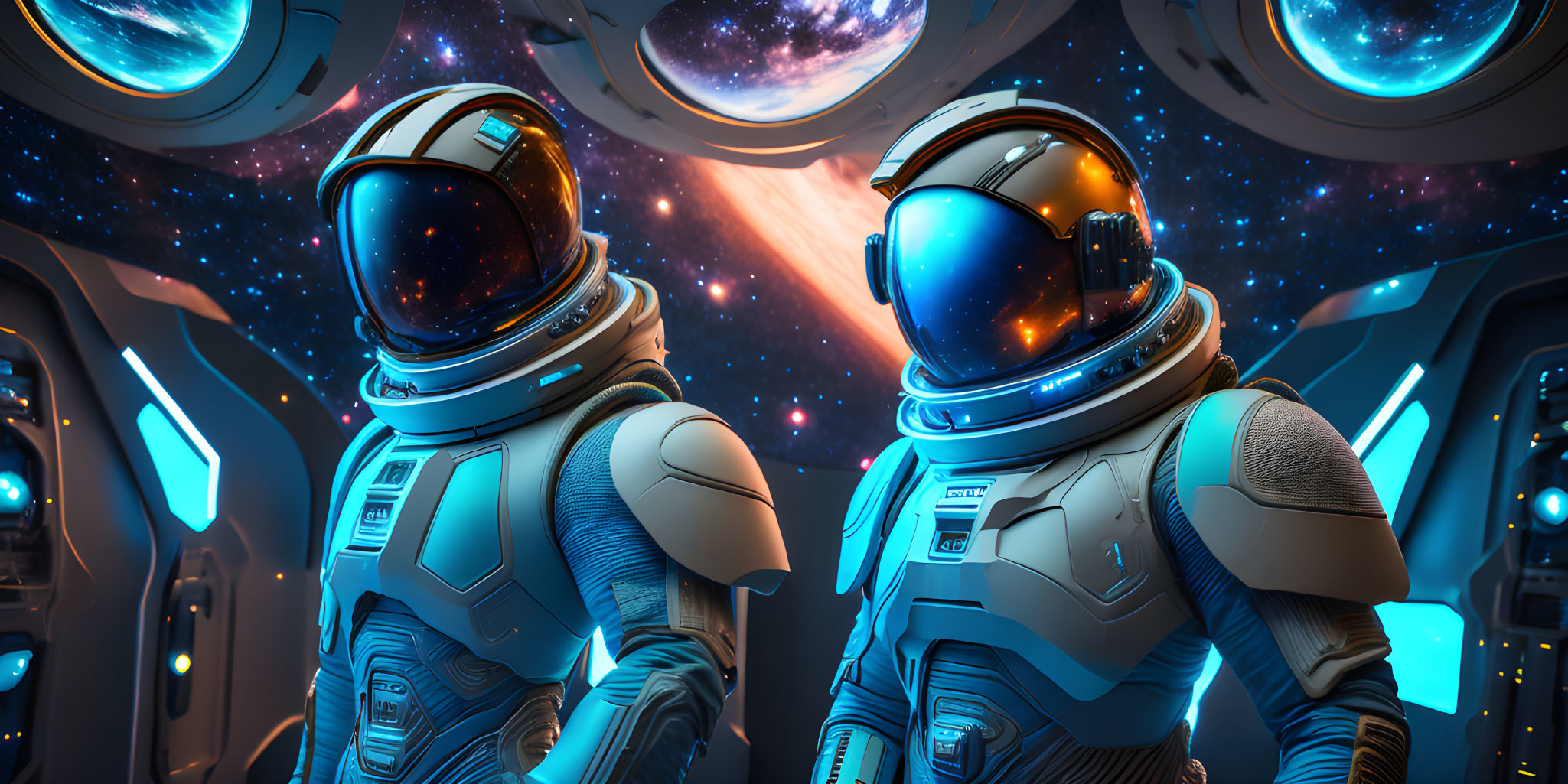 Astronauts in futuristic suits inside spacecraft with space viewports and cosmic scene.