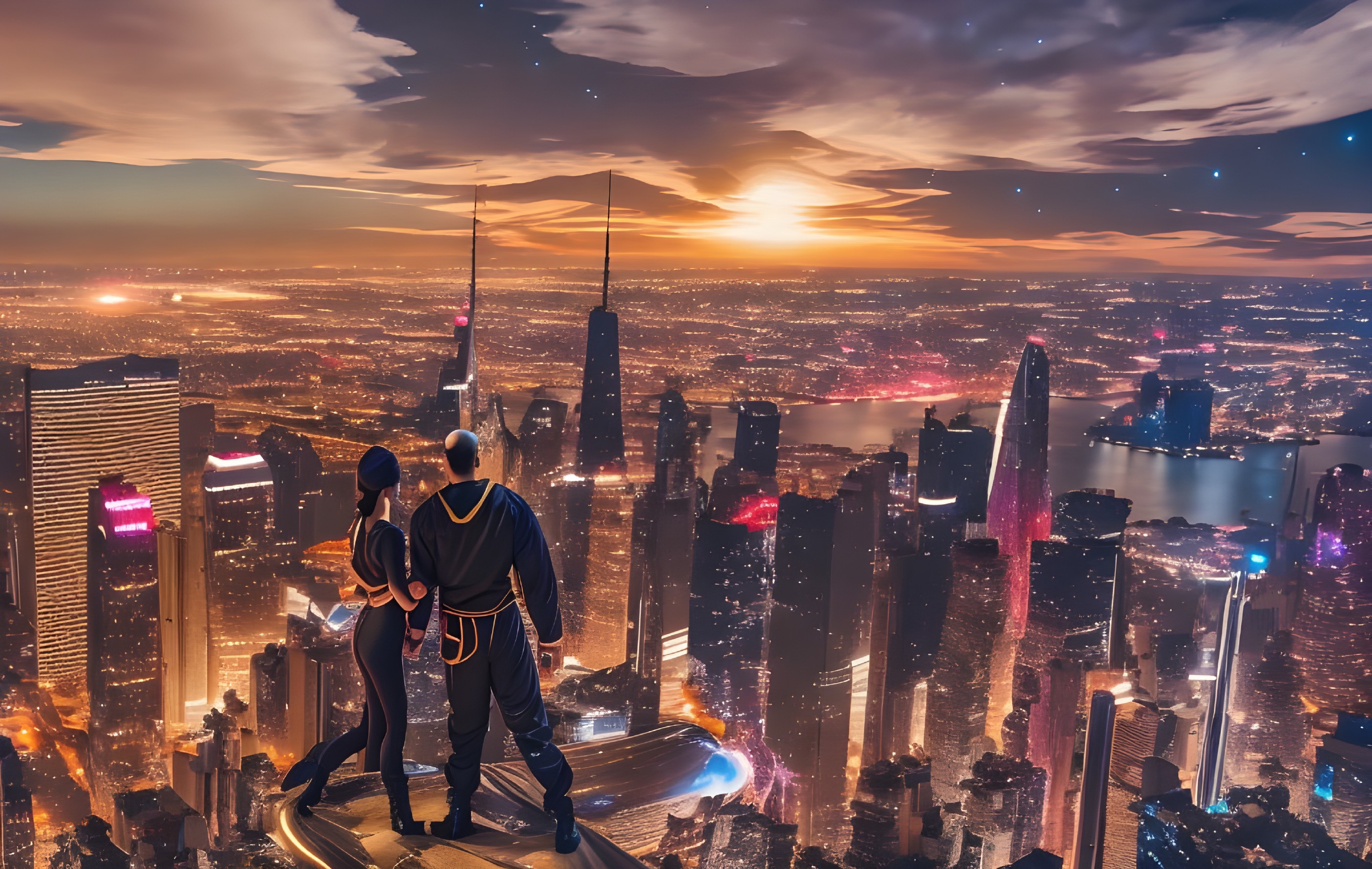 Couple overlooking futuristic cityscape at dusk