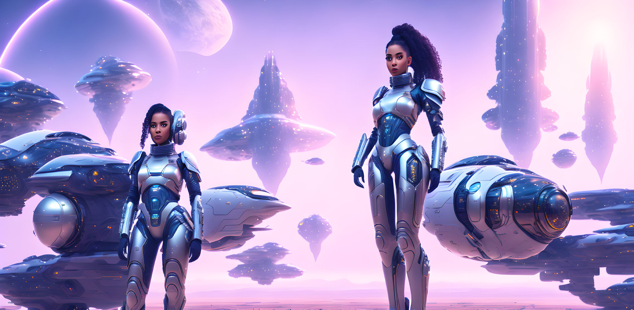 Futuristic women in sci-fi suits on dreamy alien landscape