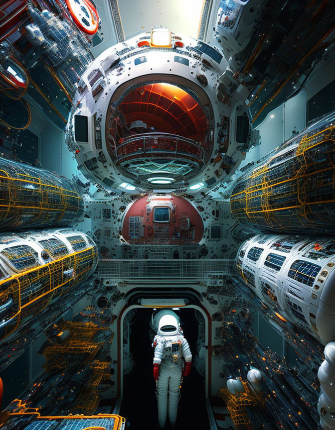 Futuristic spaceship corridor with astronaut and glowing red window