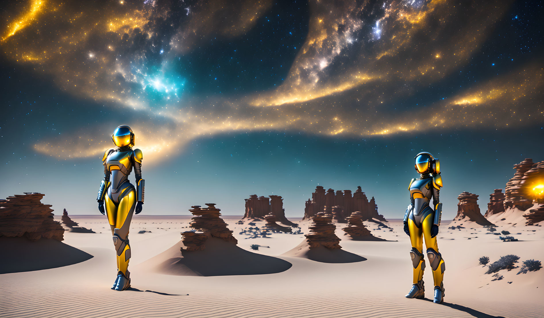 Futuristic astronauts in yellow suits on alien planet with rocky formations